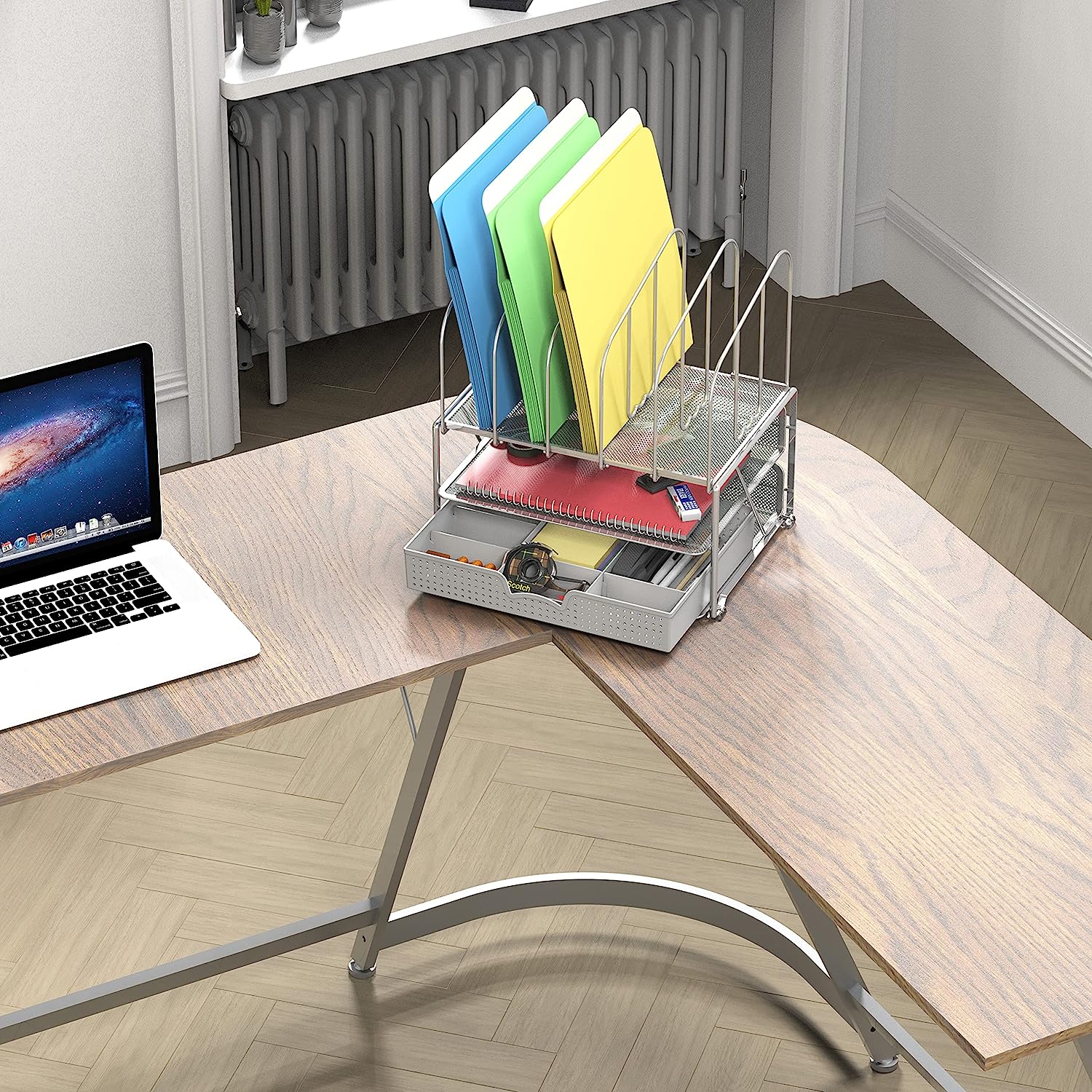 DecoBros Mesh Desk Organizer with Double Tray, 5 Upright Sections and Sliding Drawer, Black - Image 3